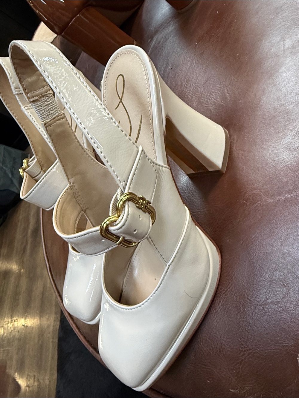 Sam Edelman Women’s Cream Patent Block Heel Slingback Pumps with Gold Buckle